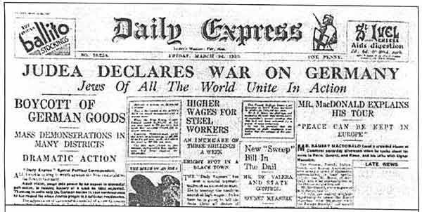 Juden der Welt erklären Deutschland den Krieg Schlagzeile aus dem Daily Express 1933