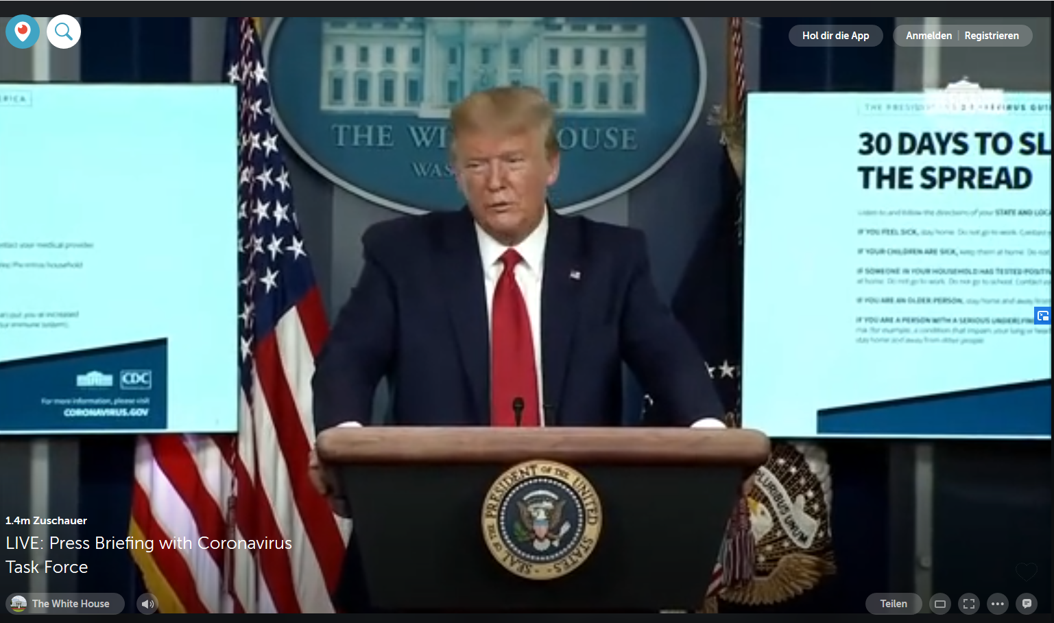 Screenshot von der letzten Rede im weißem Huas mit dem Präsidenten Logo und Flagge im Hintergrund
